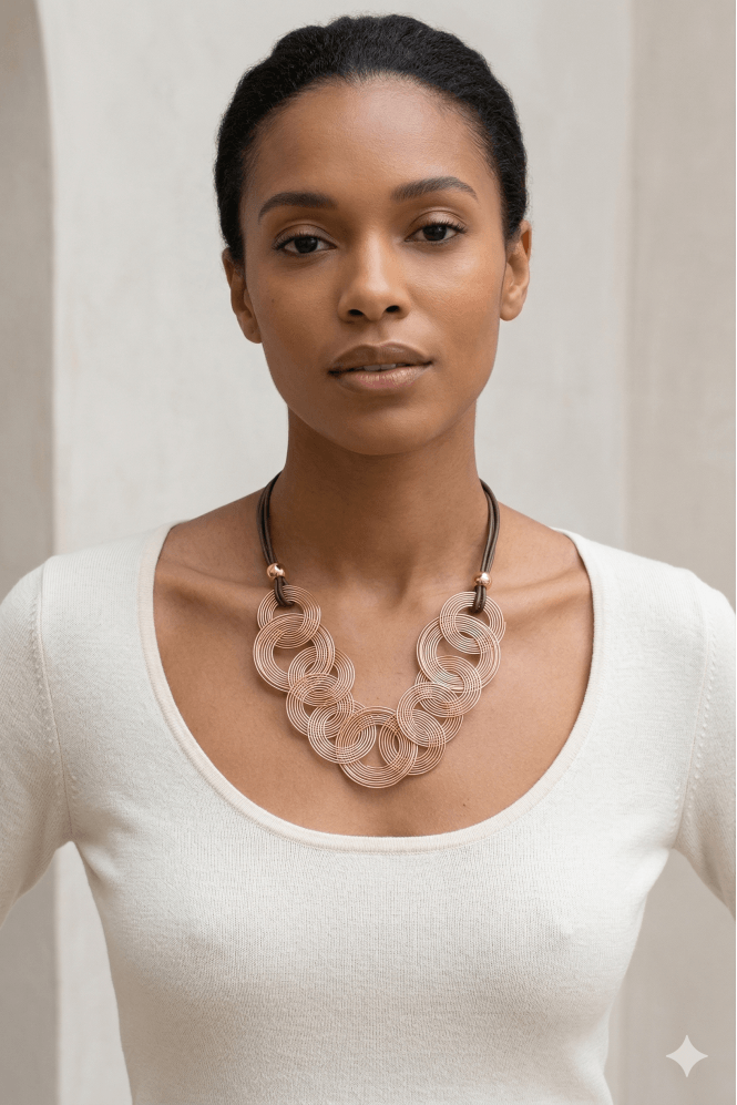 Majique London Taupe Leather Circle Necklace With Rose Gold Springs & Magnetic Clasp
