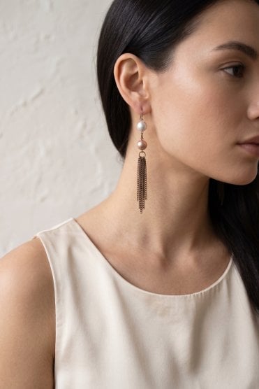Textured Double Ball Drop & Chain Tassel Fish Hook Earrings