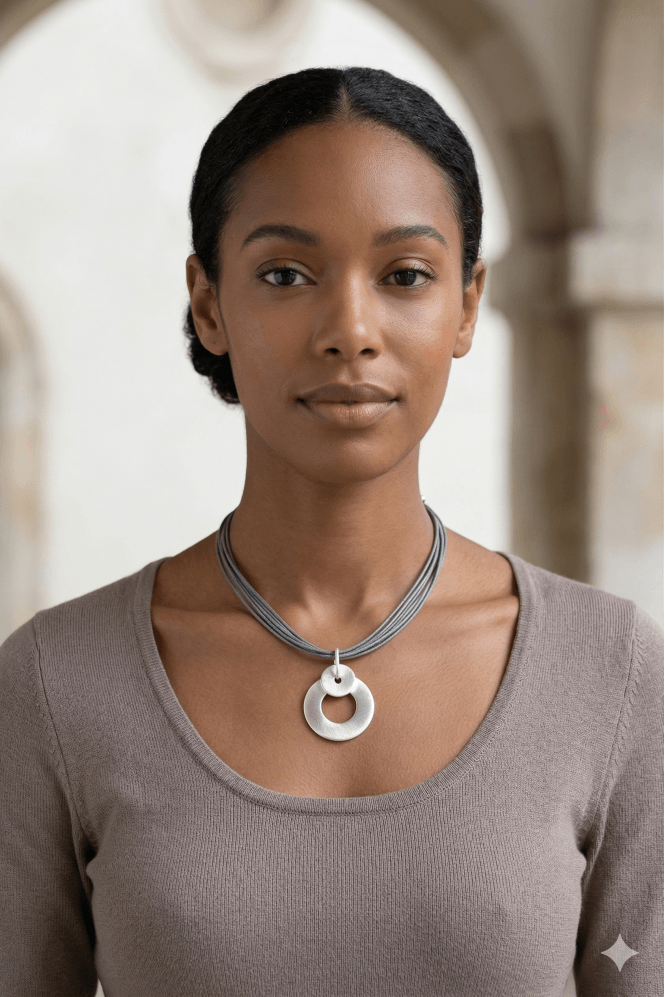 Majique London Textured Silver Pendant Leather Necklace