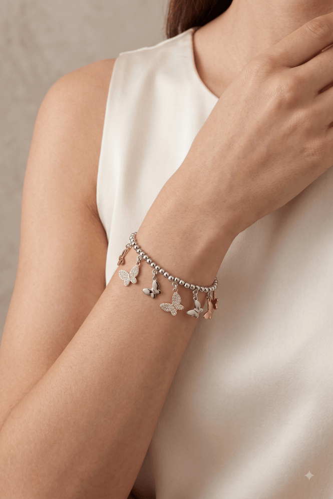 Majique London Three Tone Butterfly Charm Rhodium Beads Bracelet