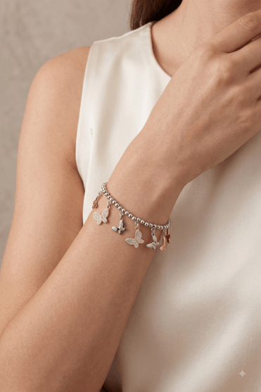 Three Tone Butterfly Charm Rhodium Beads Bracelet