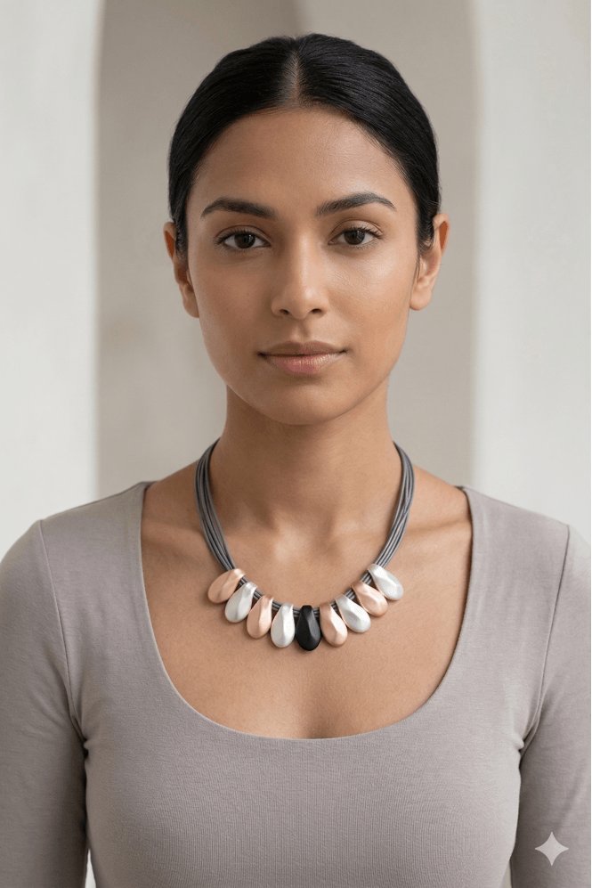 Majique London Trendy Multi Strand Grey Leather Necklace with Asymmetrical Tear Drops