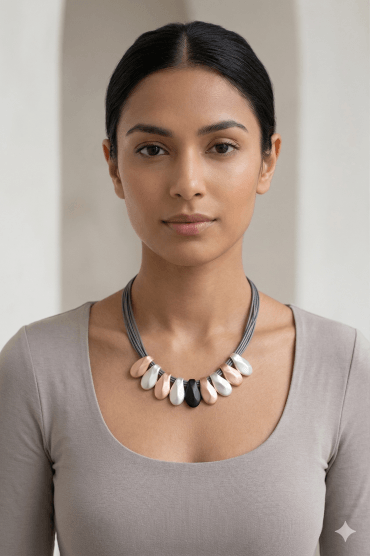 Trendy Multi Strand Grey Leather Necklace with Asymmetrical Tear Drops