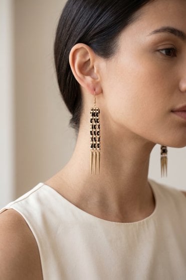 Triple Row Gold Fish Hook Earrings with Black Cord