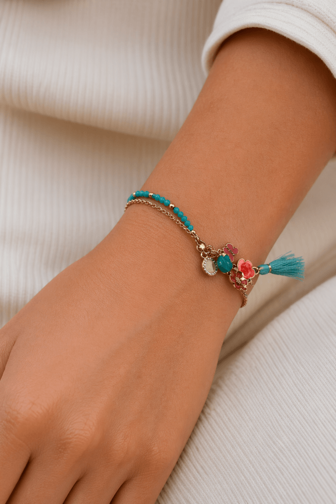 Majique London Turquoise & Gold Tassel Charm Bracelet