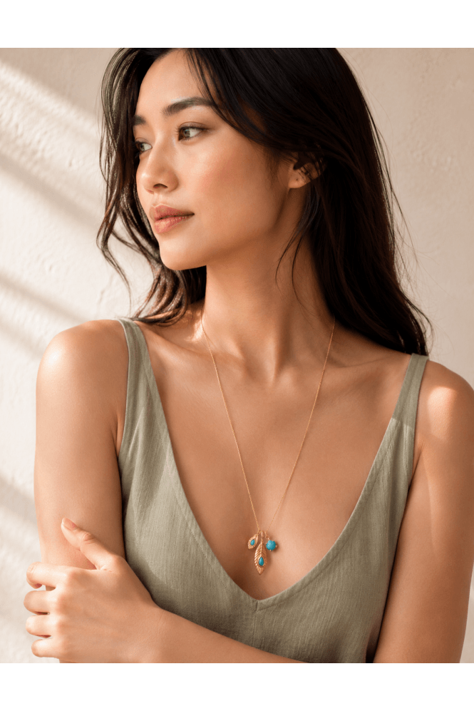 Majique London Turquoise Leaf Pendant Long Chain Necklace