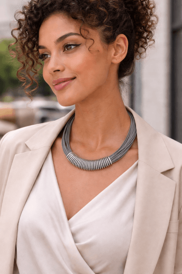 Urban Chic Multi Strand Leather Necklace With Oversized Bent Wire Tube