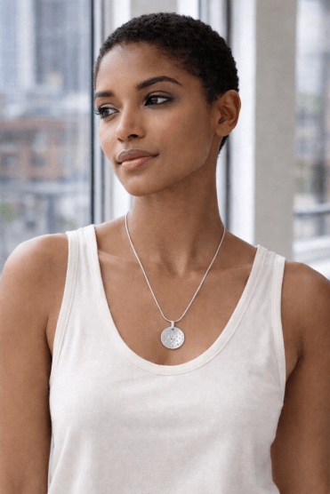 Urban Chic Snake Chain Necklace With Matte Silver Round Pendant & Crystals