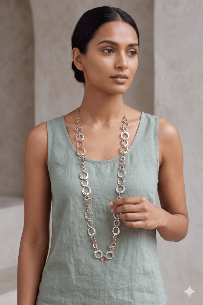 Majique London Urban Fusion Tritone Hammered Rings Cable Necklace