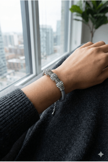 Urban Grey Leather Crystal Ring Bracelet