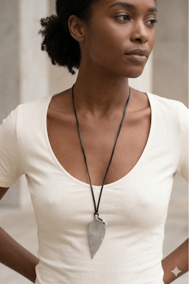 Majique London Urban Luxe Charcoal Suede Necklace With Textured Matte Silver Leaf Pendant