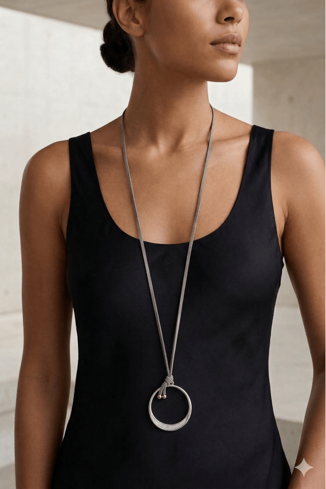 Majique London Urban Luxe Grey Suede Long Necklace With Matte Silver Round Pendant