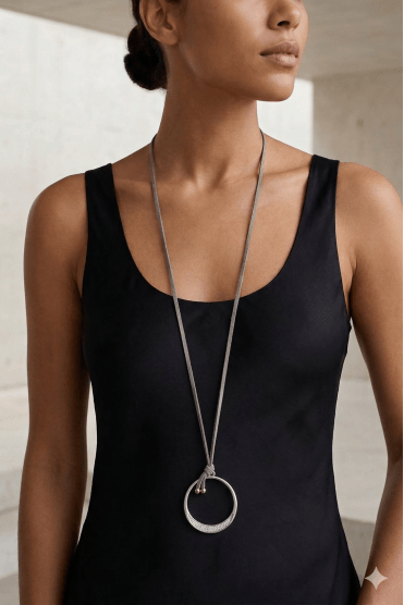 Urban Luxe Grey Suede Long Necklace With Matte Silver Round Pendant