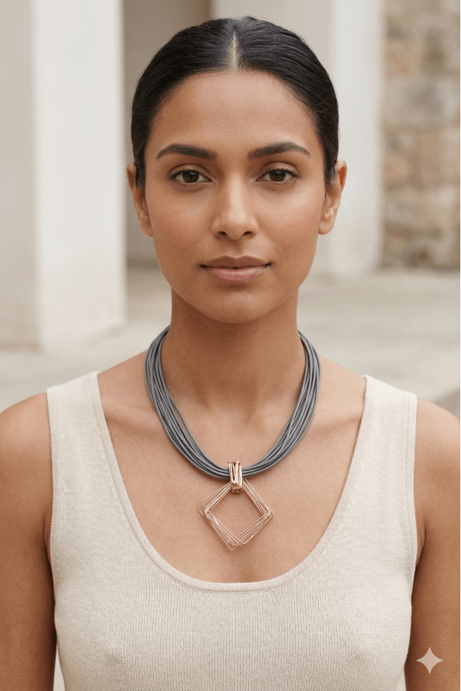 Majique London Urban Luxe Multi Row Grey Leather Necklace With Diamond Pendant