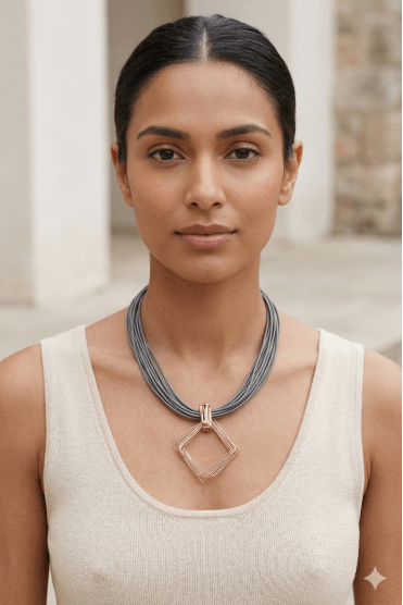 Urban Luxe Multi Row Grey Leather Necklace With Diamond Pendant