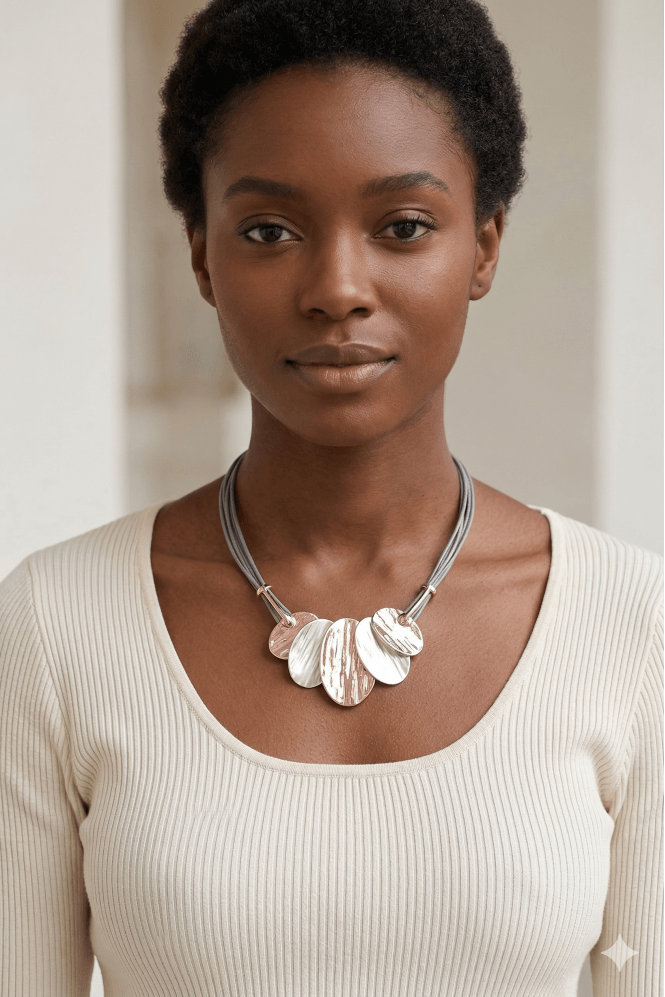 Majique London Urban Luxe Multi Strand Grey Leather Necklace With Rose Gold And Grey Pendant