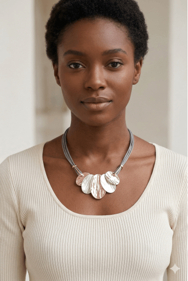 Urban Luxe Multi Strand Grey Leather Necklace With Rose Gold And Grey Pendant