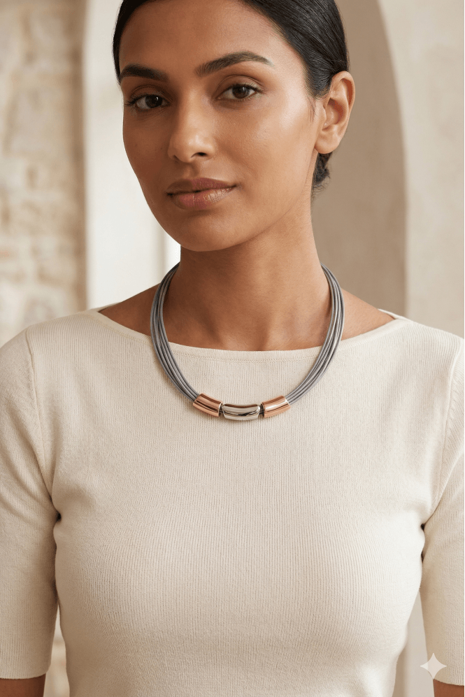 Majique London Urban Luxe Multi Strand Leather Necklace With Metallic Tubes & Magnetic Clasp