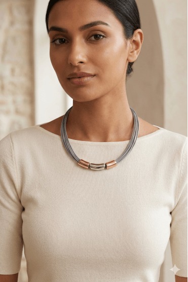 Urban Luxe Multi Strand Leather Necklace With Metallic Tubes & Magnetic Clasp