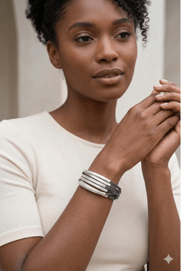 Urban Noir Multi Row Leather Bracelet with Matt Silver Tubes