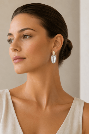 Urban Textured Chic 14K Gold Oval Post Earring With Worn Silver Oval Shape Drop