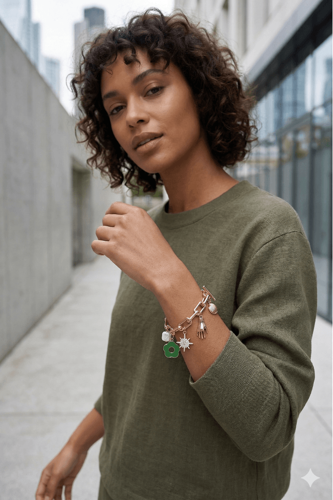 Majique London Verdant Clover Harmony T Bar Chain Bracelet With Multi Charms