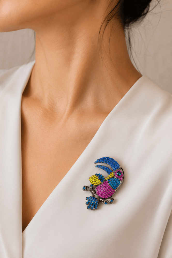 Majique London Vintage Avian Treasure Brooch With Multicoloured Gems