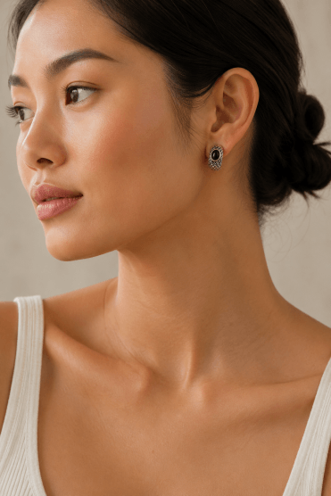 Vintage Rhodium Jet Oval Hoop Earring