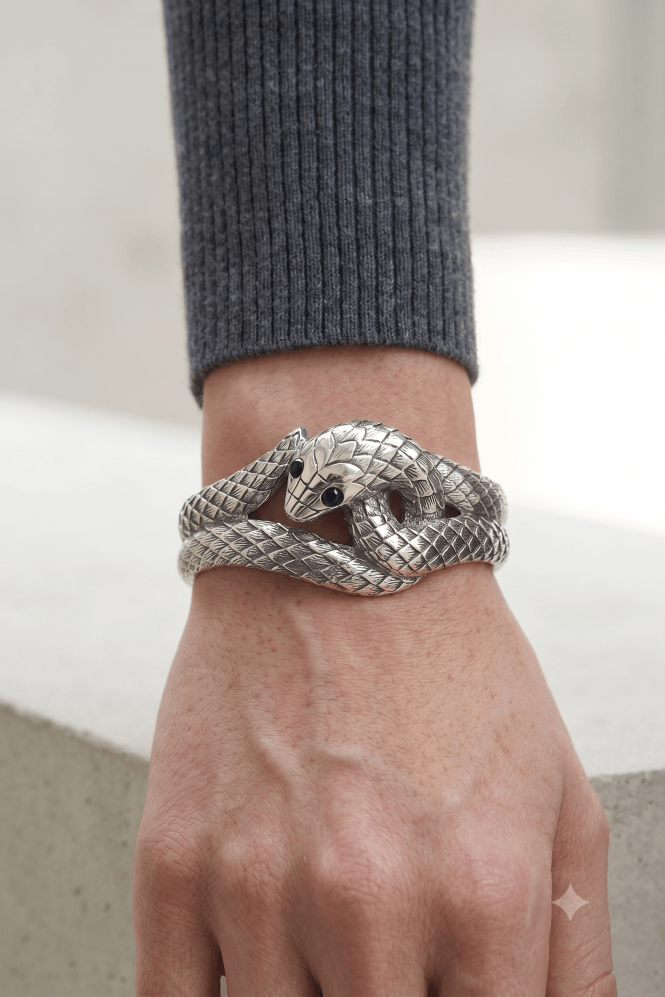 Majique London Vintage Rhodium Serpent Bangle with Black Eye