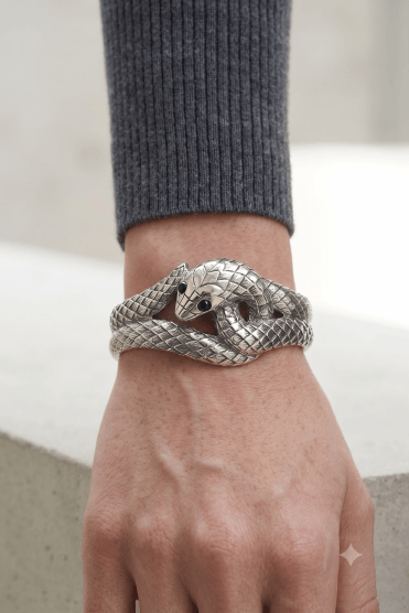 Vintage Rhodium Serpent Bangle with Black Eye