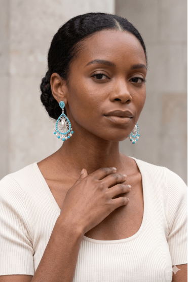 Vintage Silver Teardrop Earrings with Pearl & Turquoise Accents