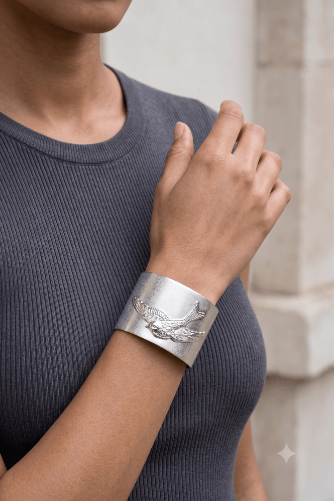 Majique London Worn Silver Big Cuff Bird Bracelet