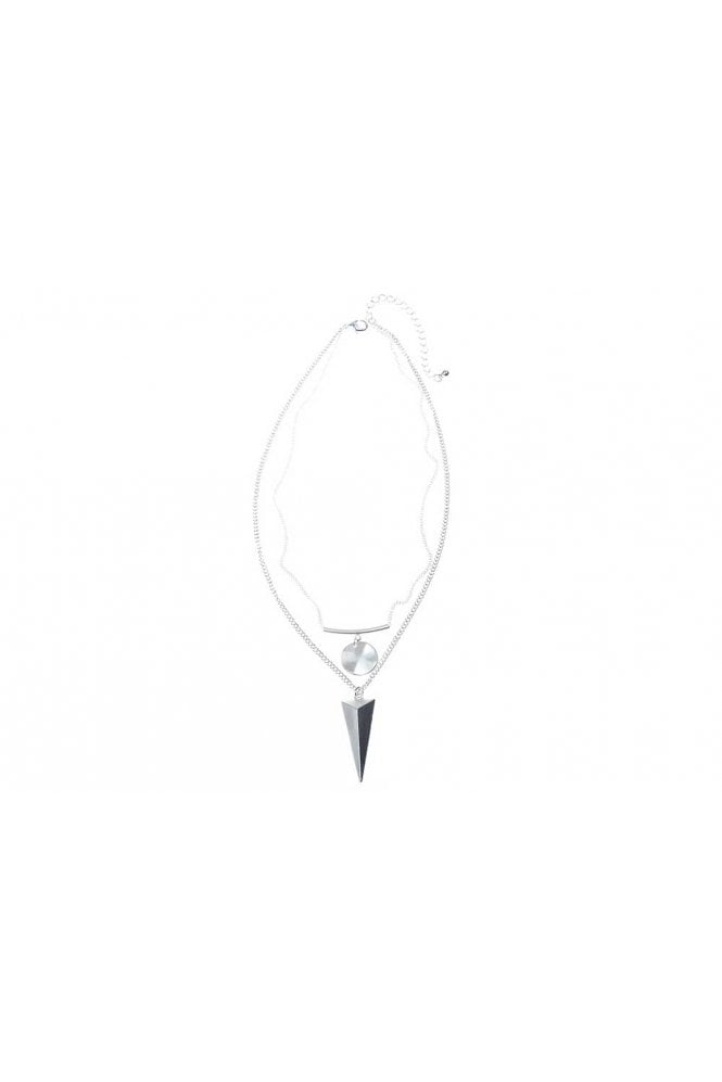 Majique London Matte Silver Double Chain Necklace with Circle & Triangle Pendants