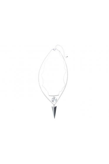 Matte Silver Double Chain Necklace with Circle & Triangle Pendants