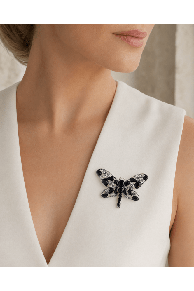 Majique Rhodium Plated Black and Clear Crystal Dragonfly Brooch