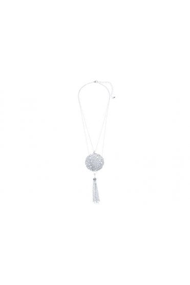 Round Pendant & Tassel Silver Cable Necklace