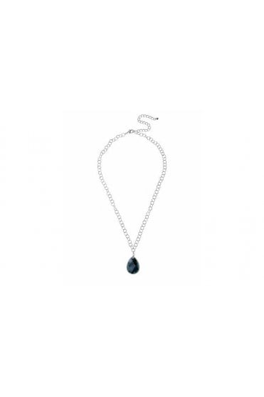 Silver Link Necklace with Teardrop Blue Pendant