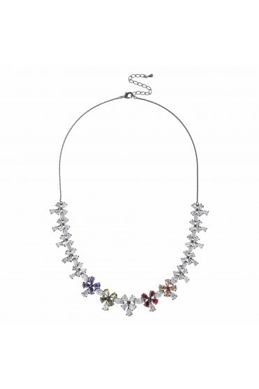 Mystic Bloom Hematite Cascade Necklace with Radiant Cubic Zirconia Floral Delight
