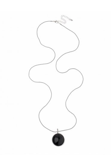 Rhodium Serpent Chain Necklace With Black Circular Pendant