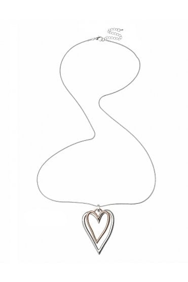 Sleek Serpent Link Necklace With Silver & Light Rose Gold Double Heart Pendant