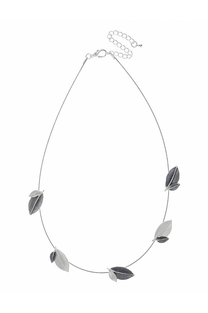 Majique London Sleek Silver Wire Collar Necklace With Matte Silver & Matte Grey Leaves
