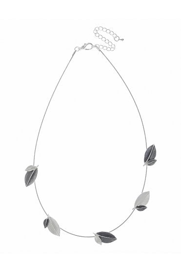 Sleek Silver Wire Collar Necklace With Matte Silver & Matte Grey Leaves