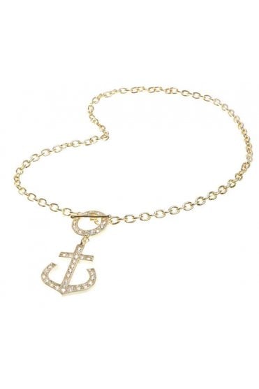 Trendy Gold Anchor Pendant Chain Necklace With Cubic Zirconia Accents