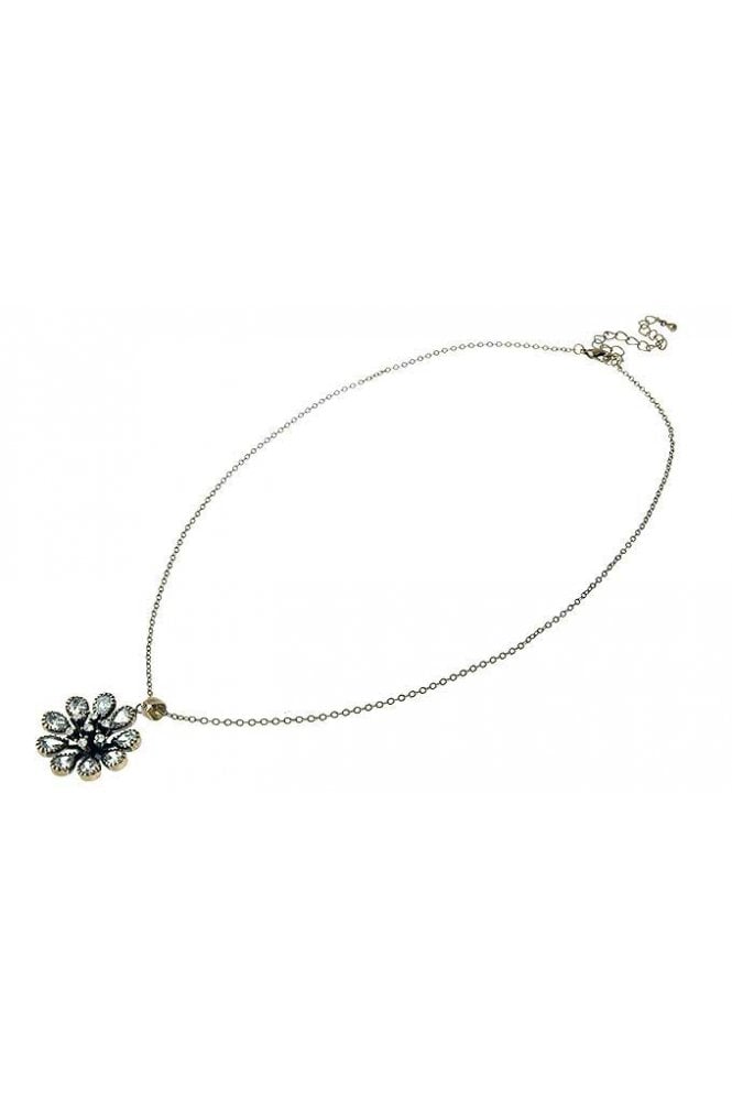 Majique London Vintage Brass Necklace With Cubic Zirconia Crystal Floral Pendant
