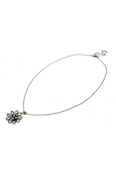 Vintage Brass Necklace With Cubic Zirconia Crystal Floral Pendant