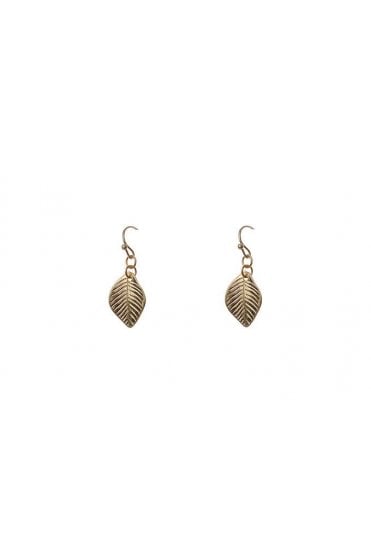 Worn Gold Fish Hook Earrings With Leaf Charm Drop